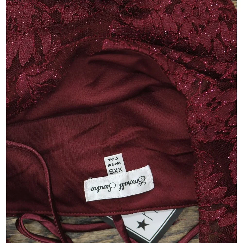 NWT Emerald Sundae Glitter Lace Bodycon Open Back Mini Dress Dark Red 2XS